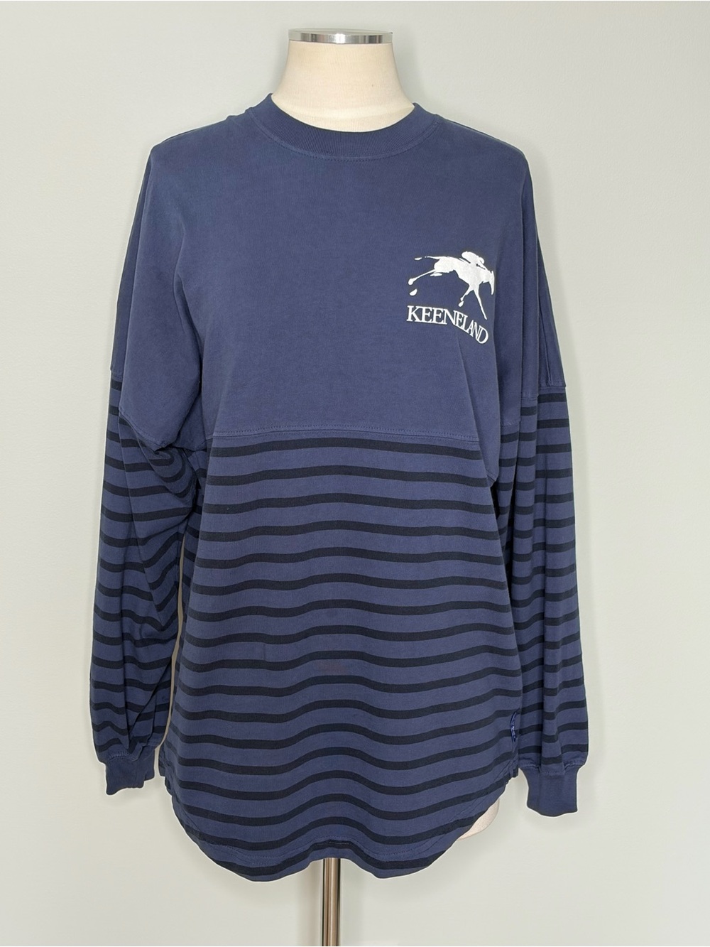 Spirit Jersey Keeneland Off to the Races Navy Striped Long Sleeve Tee, XS Unisex